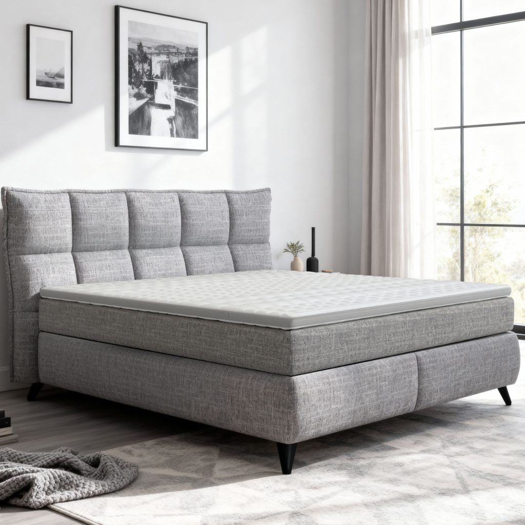 Sivá boxspring posteľ Treviso s vysokým čalúneným čelom